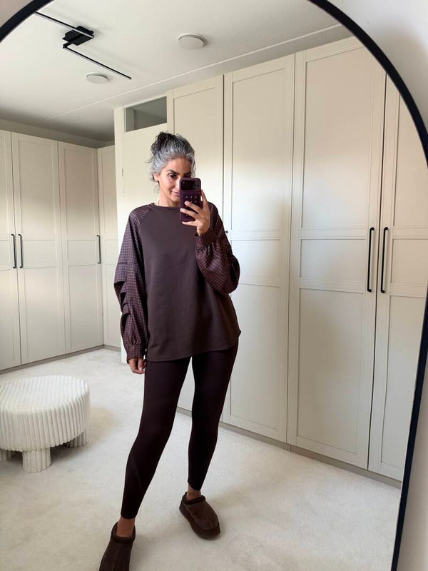 Oversized top met geruite mouwen Bruin