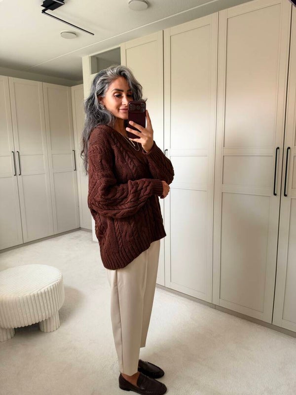 Oversized trui met V-hals Bruin