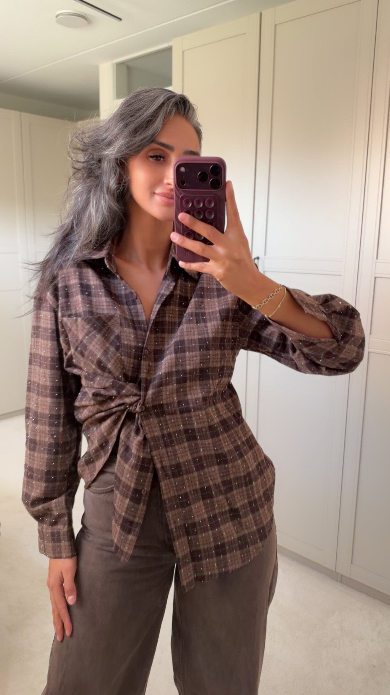Brown Check Strass Blouse