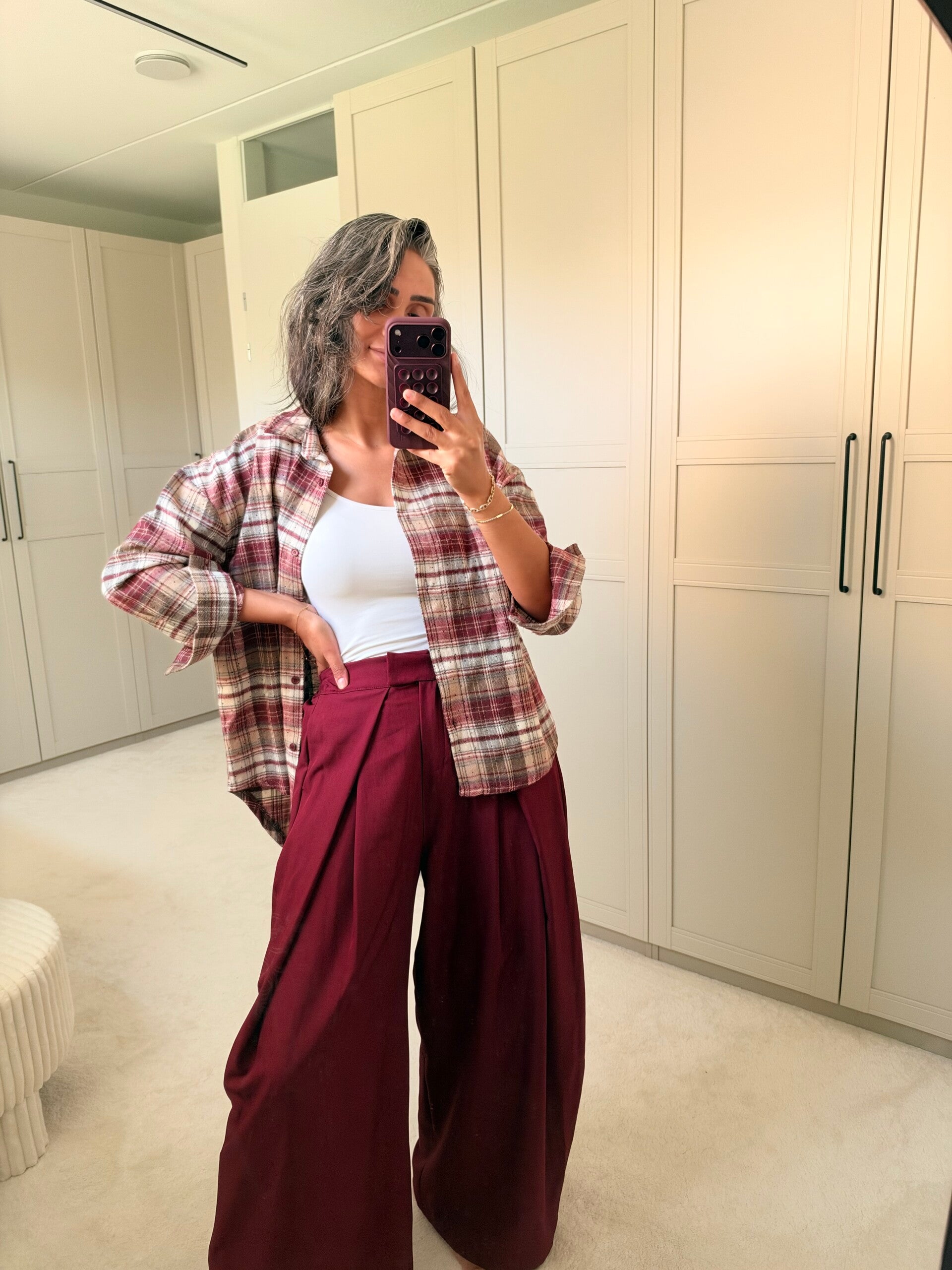 Burgundy Check Blouse Zwarte Strass