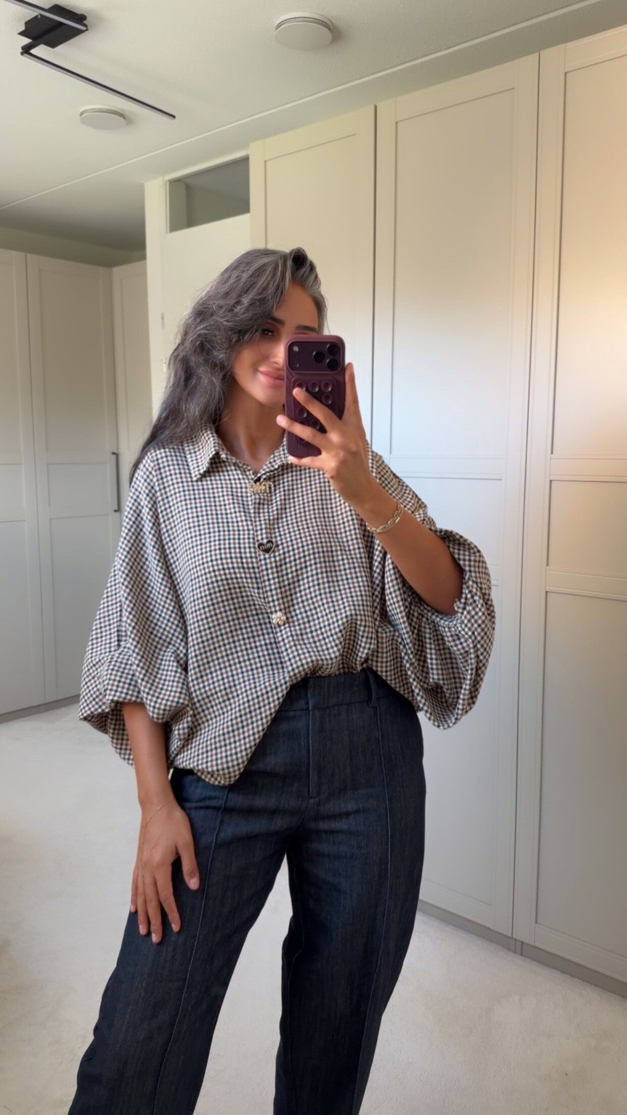Check Blouse met Luxe Sierknopen