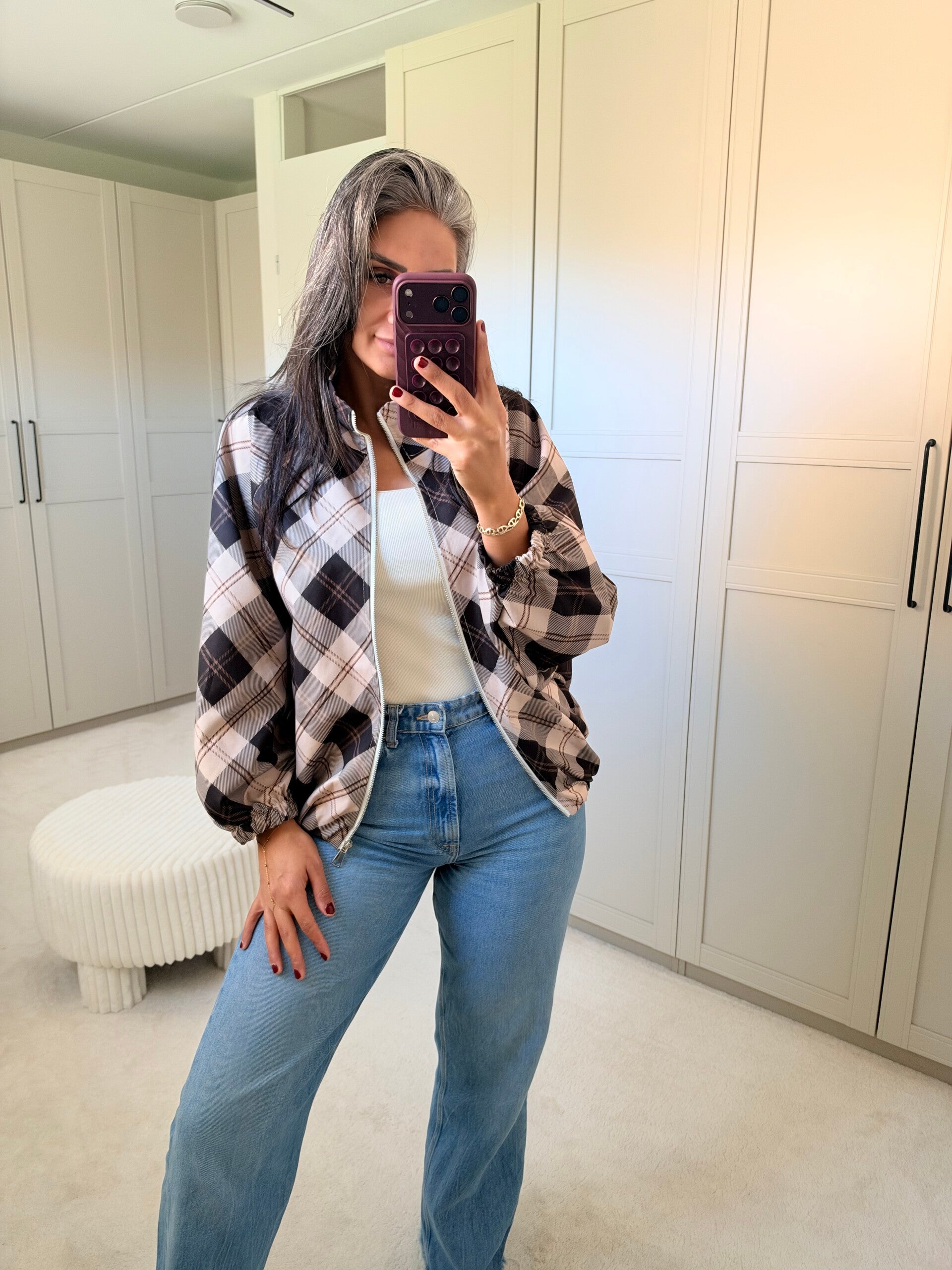 Geruite Oversized Bomberjas – Black & Beige