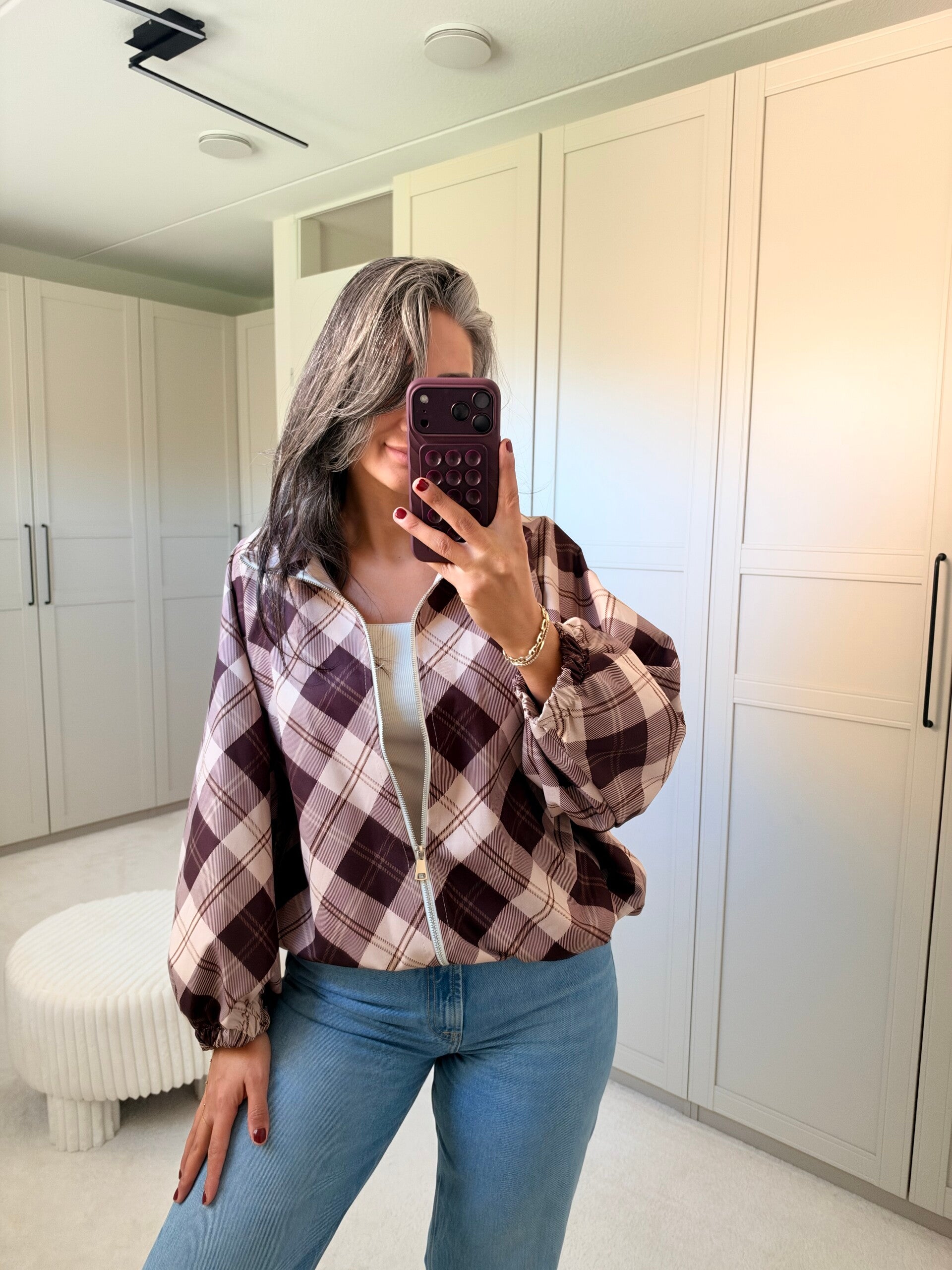 Geruite Oversized Bomberjas – Burgundy & Beige
