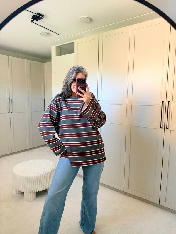 Oversized Striped Dames Sweater – Khaki & Burgundy
