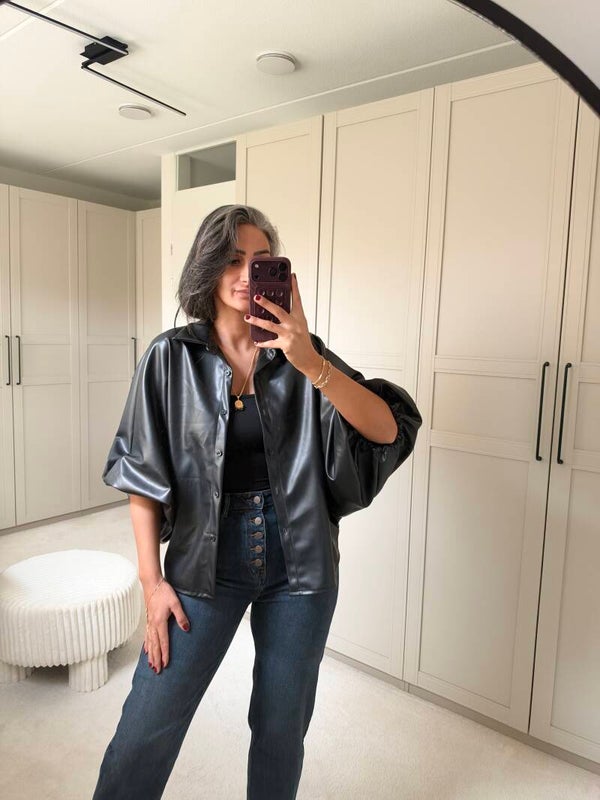 Zwarte Lederlook Blouse Oversized