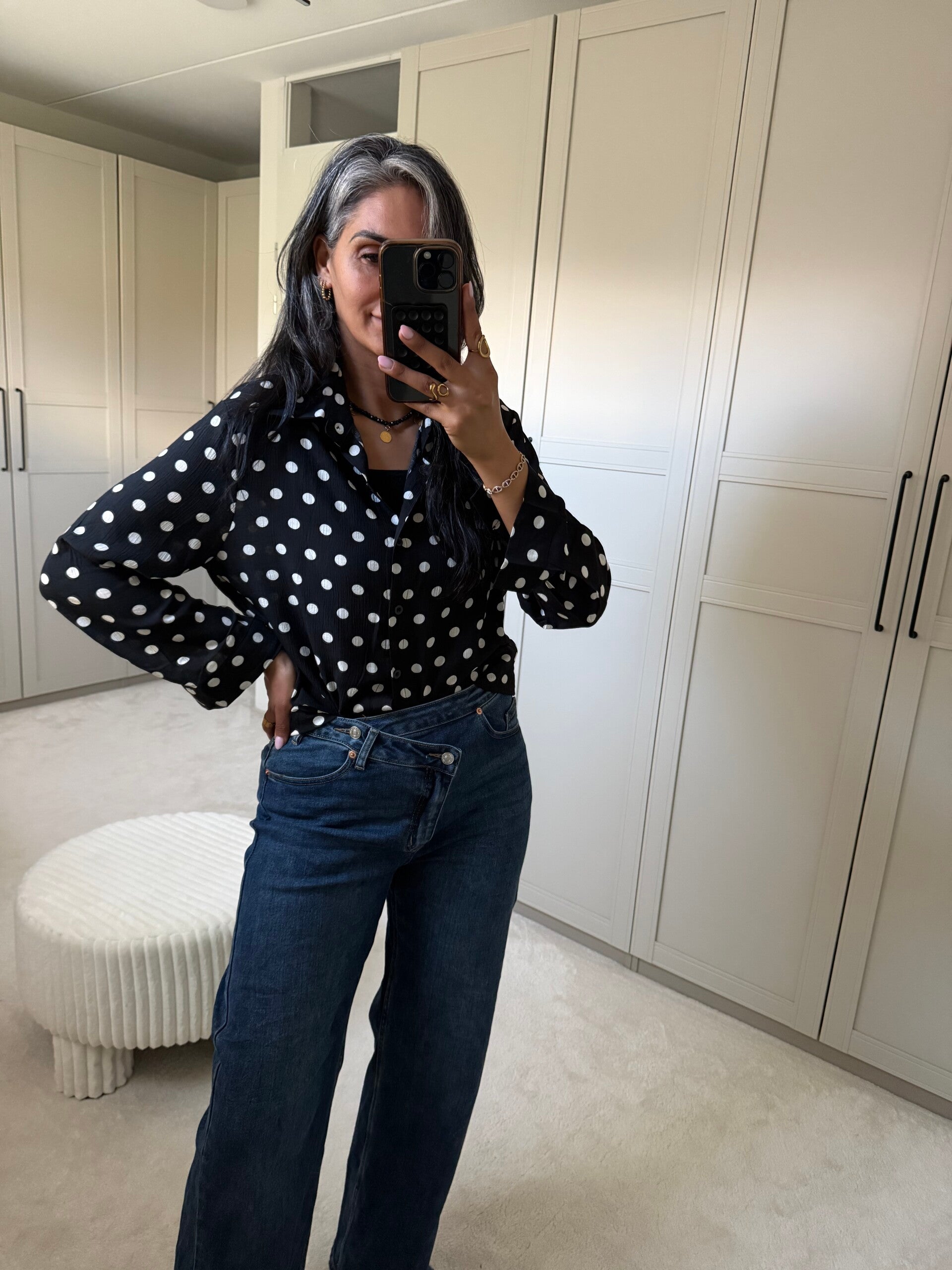 Gestipte blouse zwart/ wit