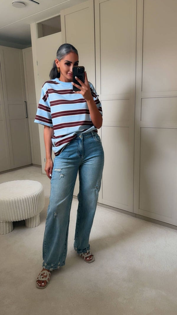 Stripe Oversized Shirt Bruin/Blauw