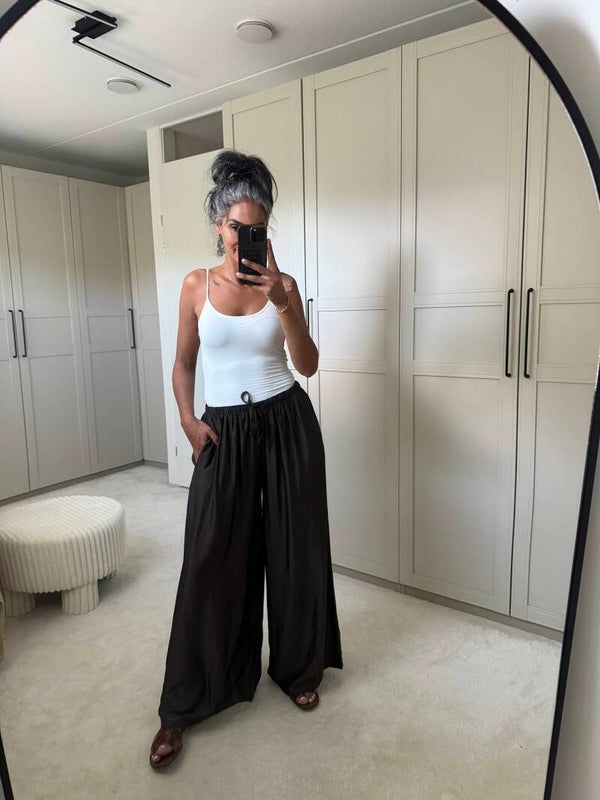Satijn wide leg broek bruin