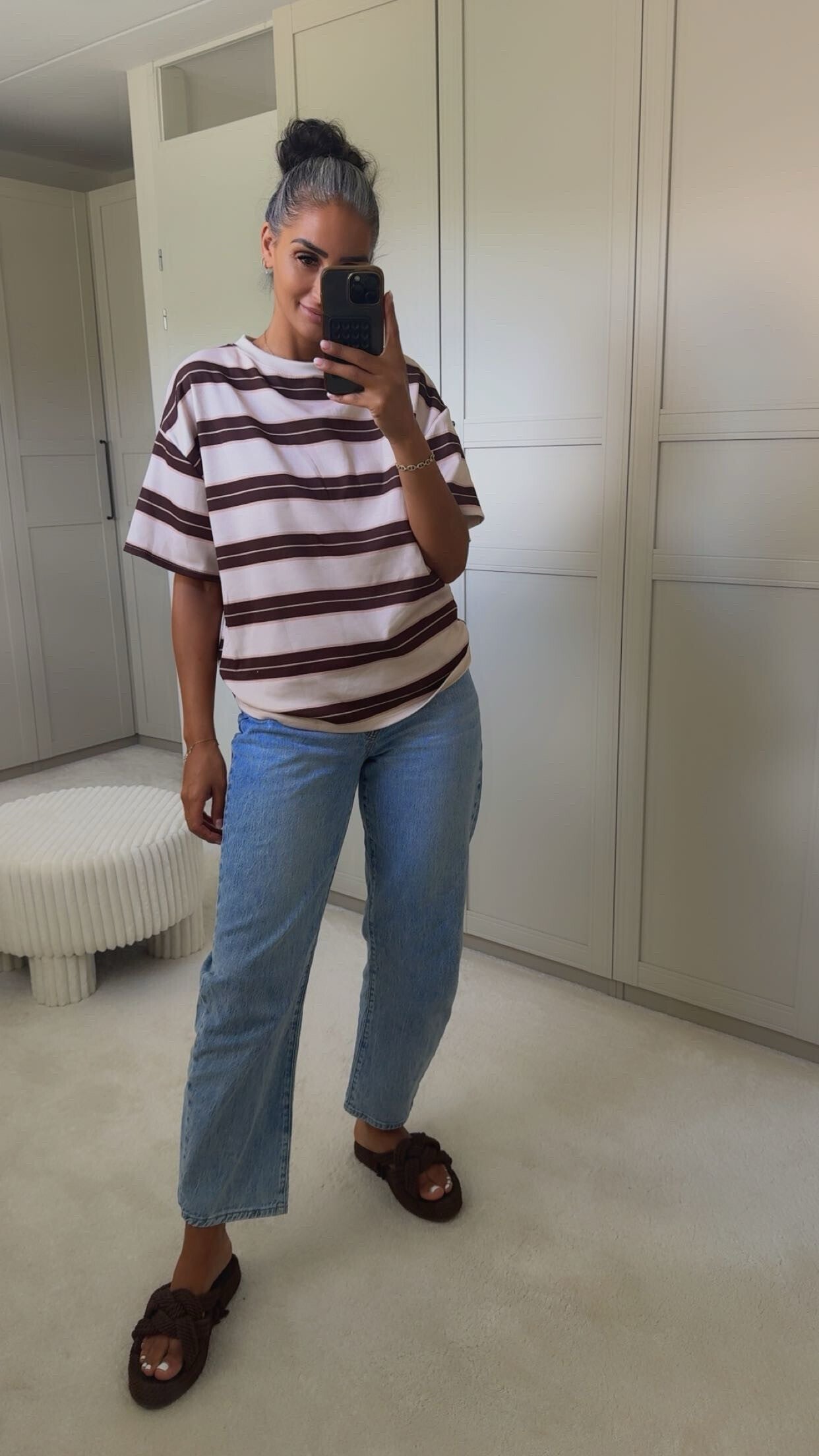 Stripe Oversized Shirt Bruin/Creme