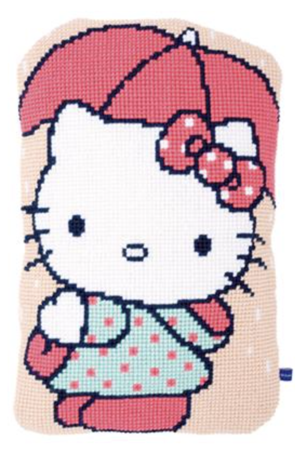 Hello Kitty onder de paraplu  -  Vervaco borduurkussen