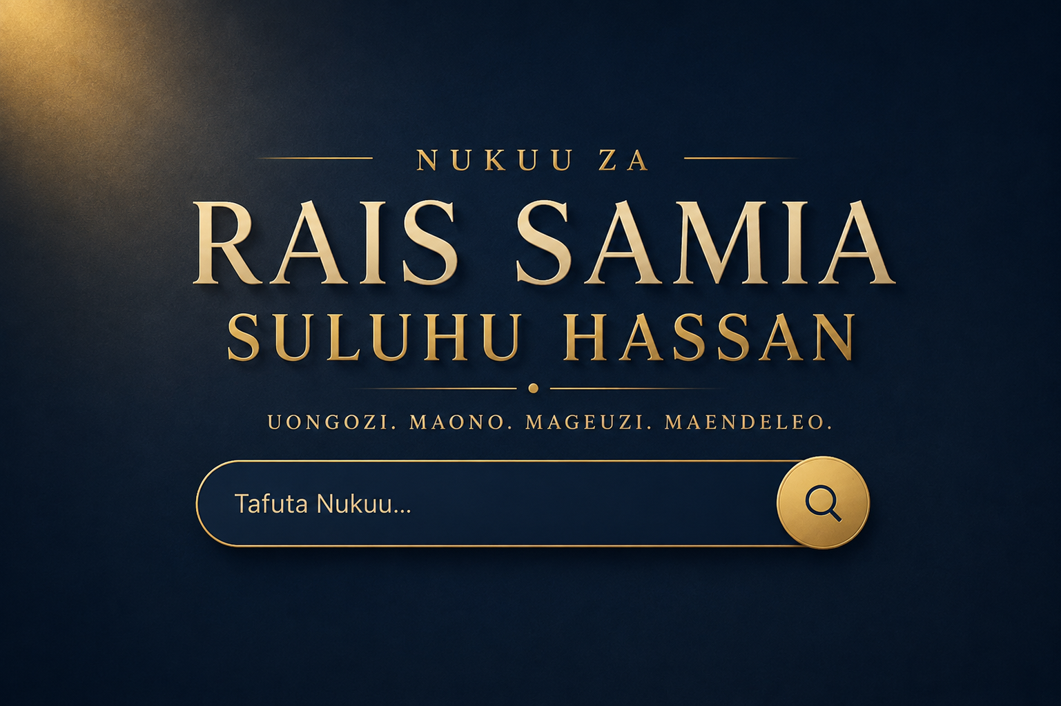 Muonekano wa kifahari wa ukurasa wa Nukuu za Rais Samia Suluhu Hassan wenye background ya navy blue na gold pamoja na sehemu ya kutafuta nukuu.