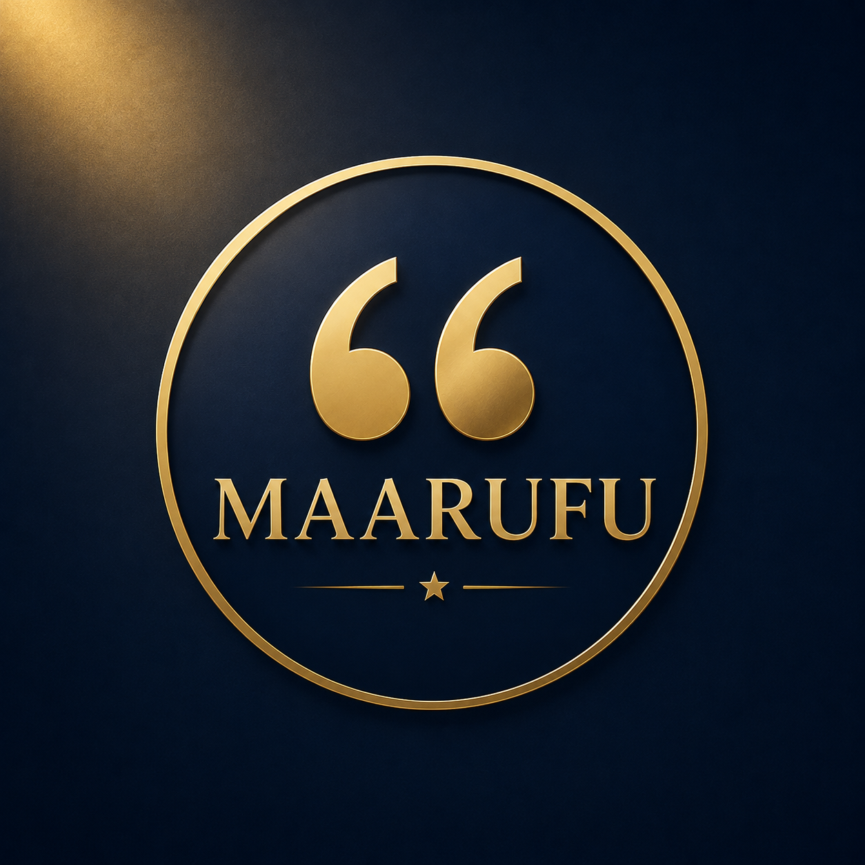 Icon ya Nukuu Maarufu yenye alama za nukuu za dhahabu na maandishi MAARUFU kwenye background ya kifahari ya navy blue na gold.