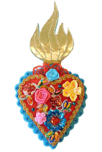Heilig Hart statement broche, bloemen blauw