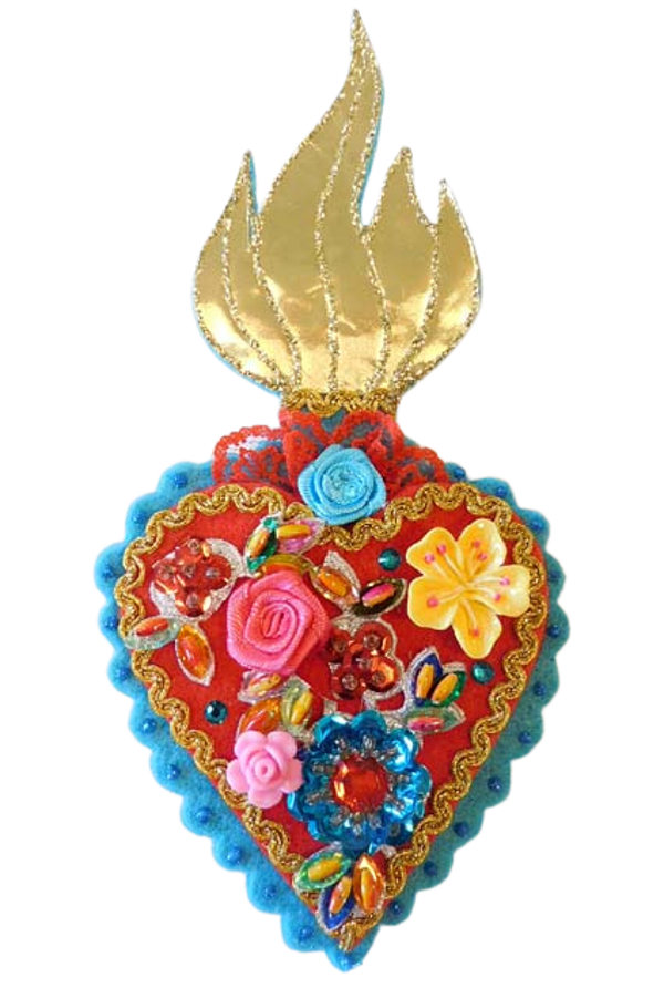 Heilig Hart statement broche, bloemen blauw