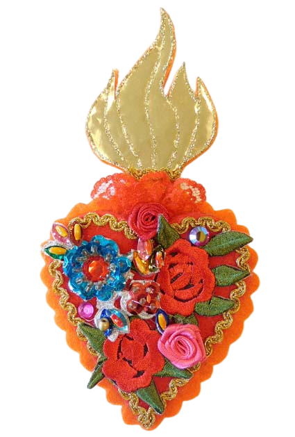 Heilig Hart statement broche, oranje rozen en bloemen