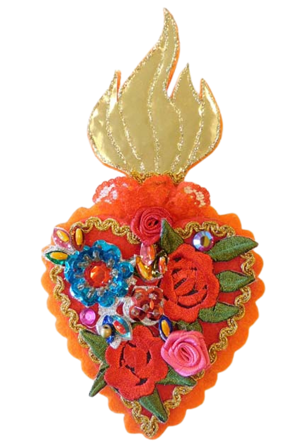 Heilig Hart statement broche, oranje rozen en bloemen