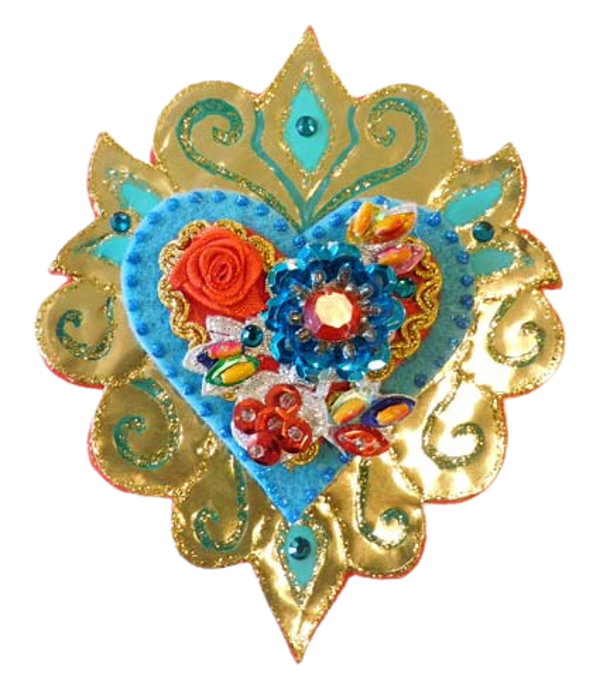 Heilig Hart statement broche, mandala bloemen blauw
