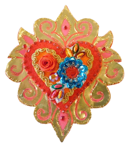 Heilig Hart statement broche, mandala bloemen oranjerood