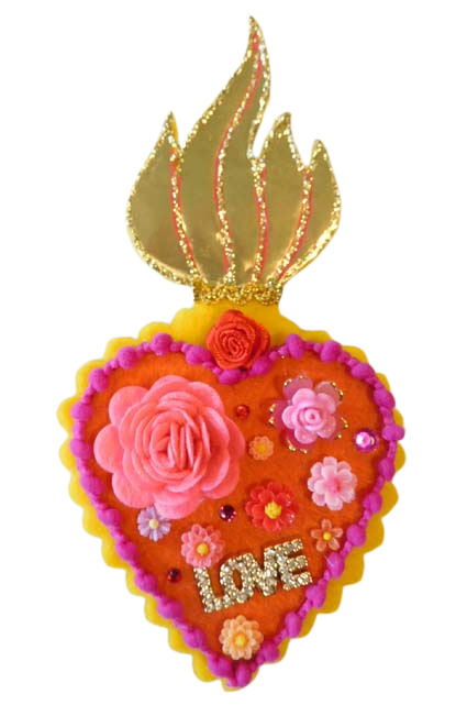 Heilig Hart statement broche, geel bloemen love