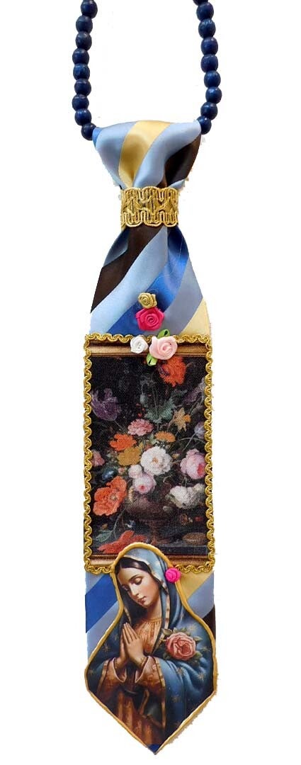 Stropdasketting blauw geel gestreept met Maria