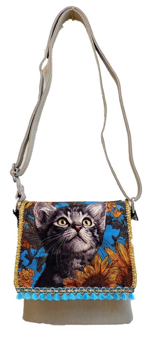 Tas Kat met zonnebloemen, grijs leer