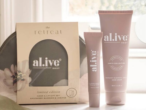 Alive raspberry blossom and juniper lip balm plus hand cream in bag