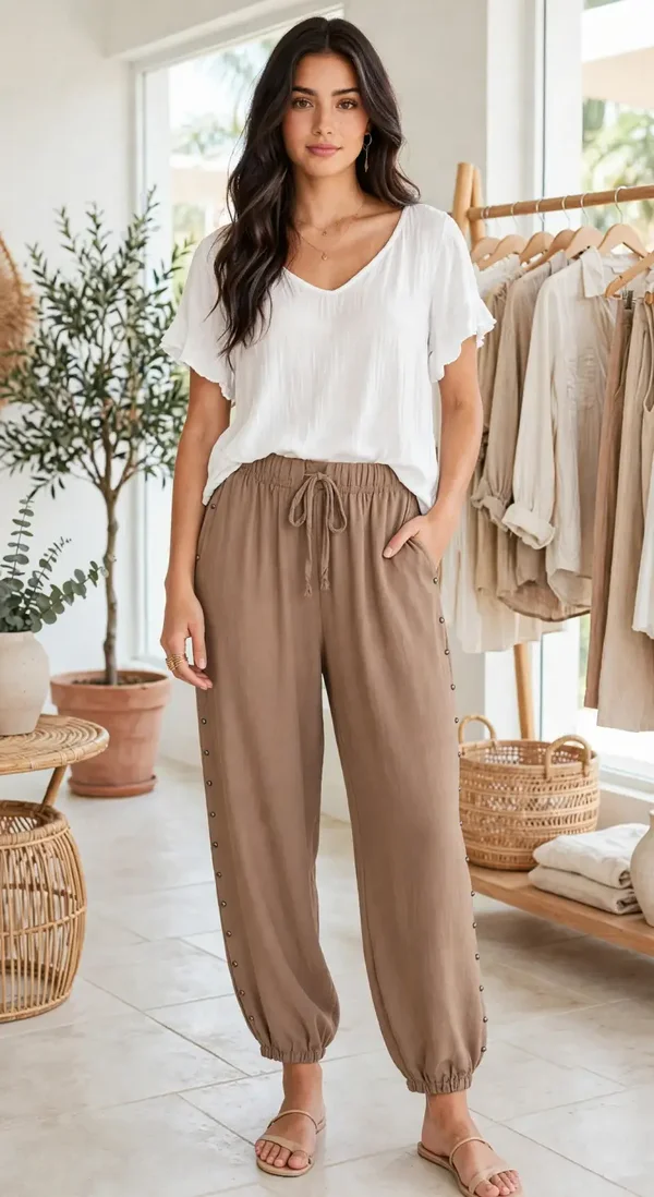 Pantalón Bombacho Fluido con Tachuelas Laterales - Colección Boho talla unica