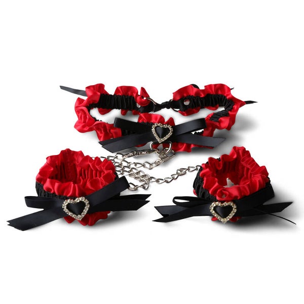 Kit BDSM collier et menottes rouges avec chaîne métallique 333200070
