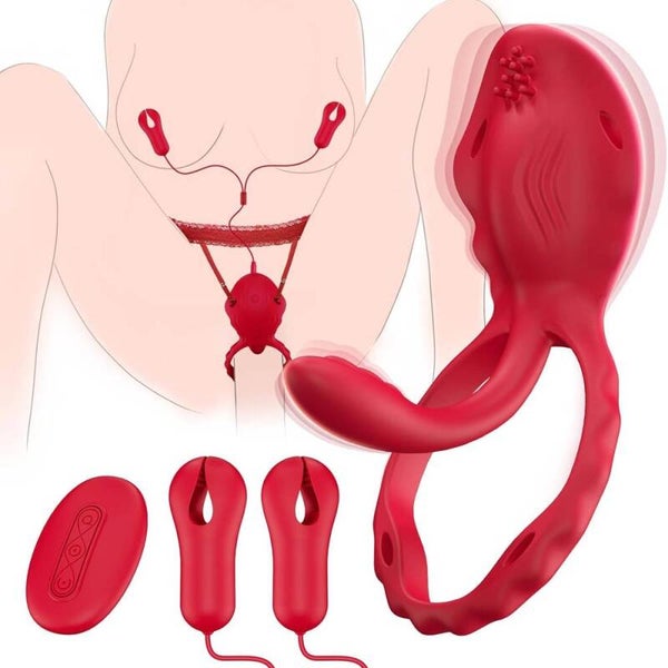Vibromasseur culotte et pinces à tétons télécommandé en silicone rouge – HB2525