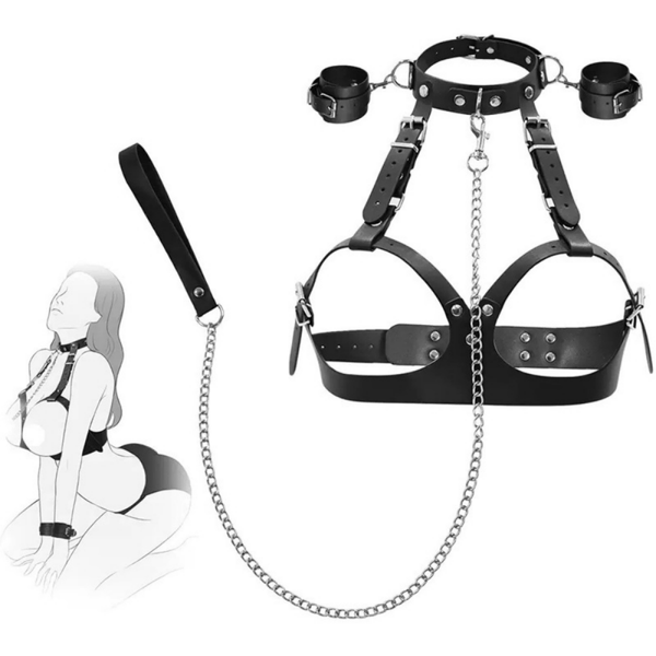 Sextoy Harnais soutien-gorge BDSM avec collier, menottes et laisse TB-021