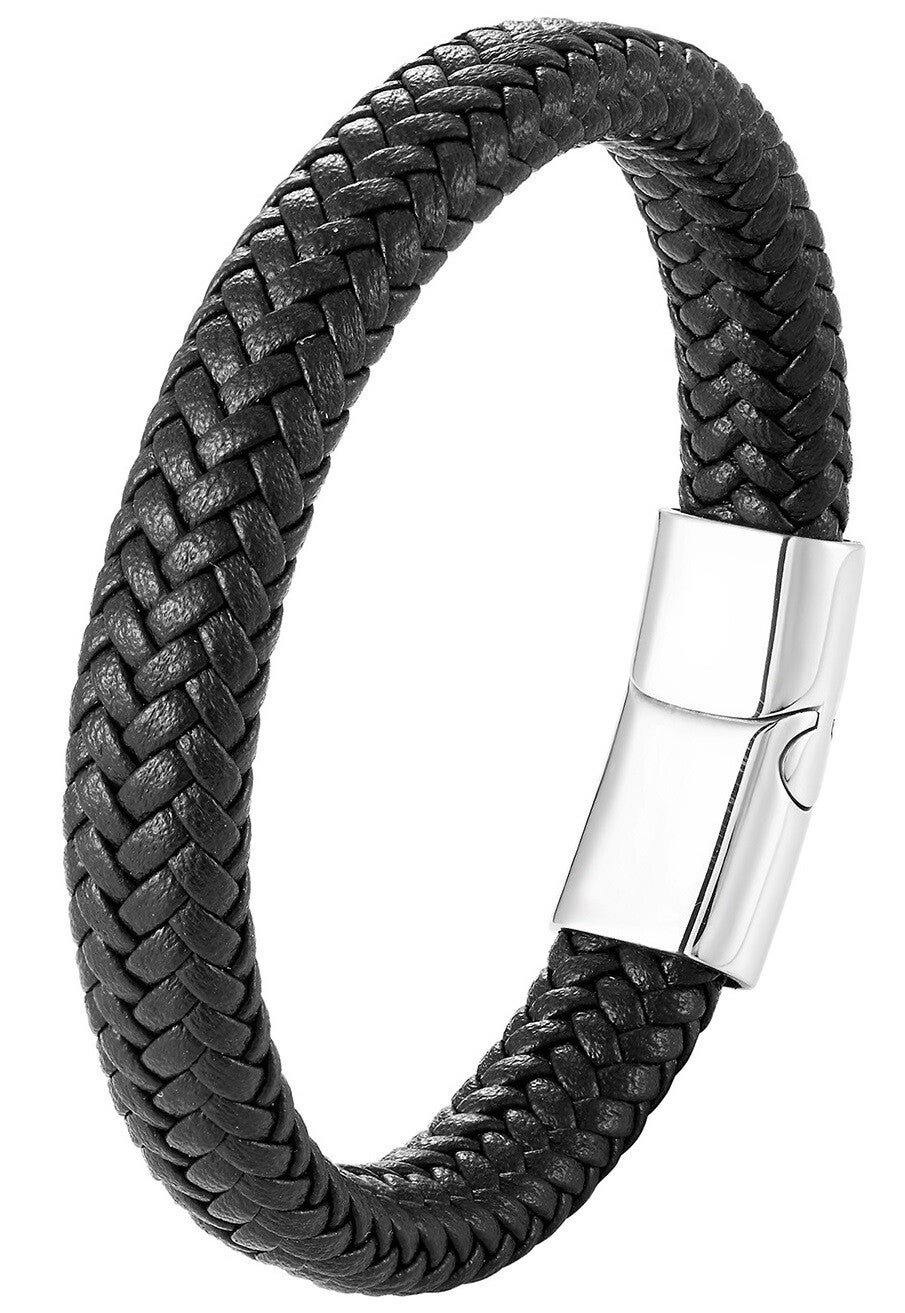 Armband leer zwart gevlochten