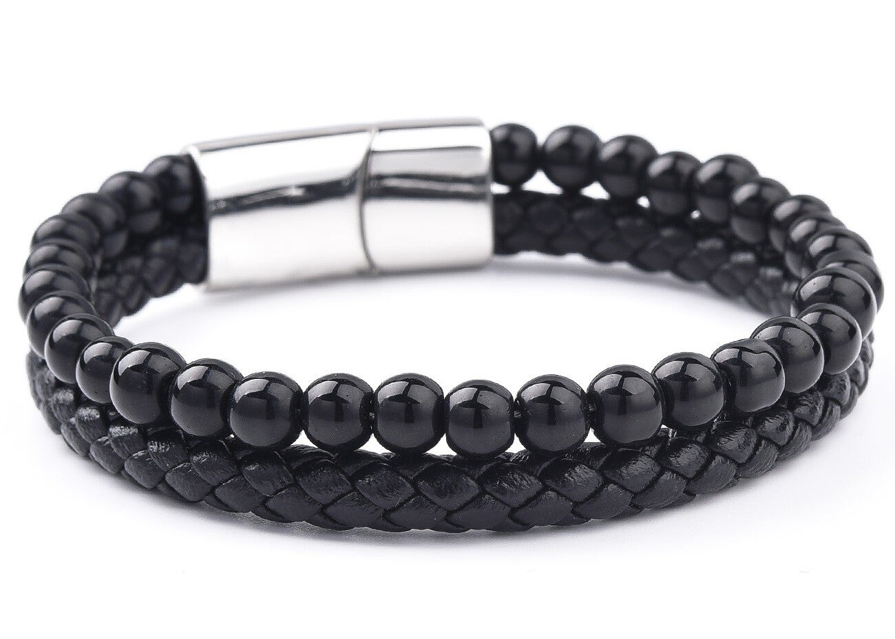 Armband leer zwart met kralen