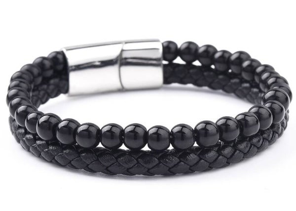 Armband leer zwart met kralen