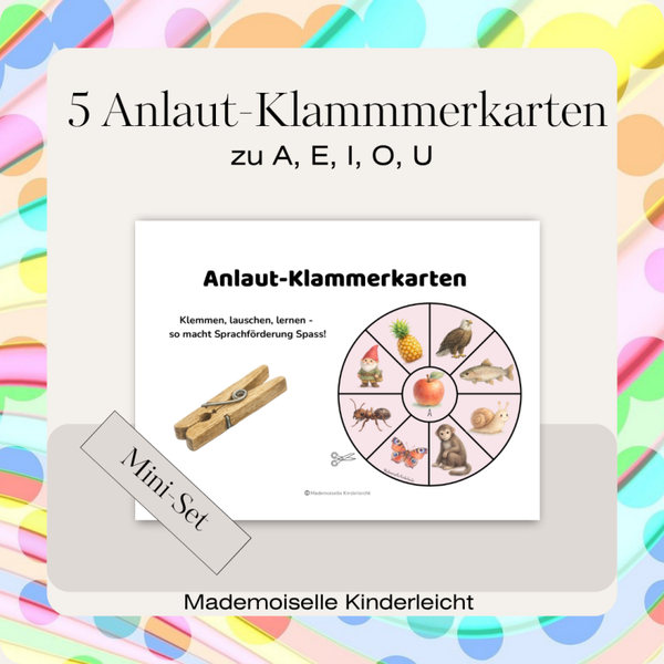 🗣️ Anlaut-Klammerkarten A, E, I, O, U – Mini-Set | Druckbares PDF für Kinder ab 4 Jahren