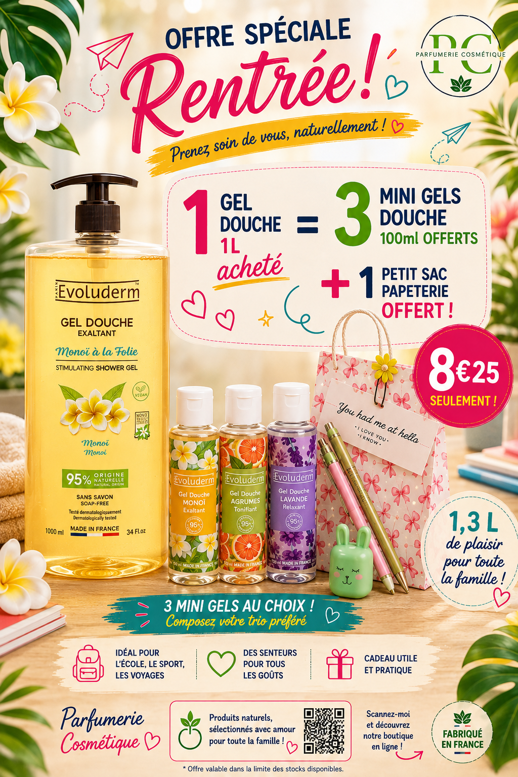 Un gel douche monoï 1L + 3 mini gel douche 100ml