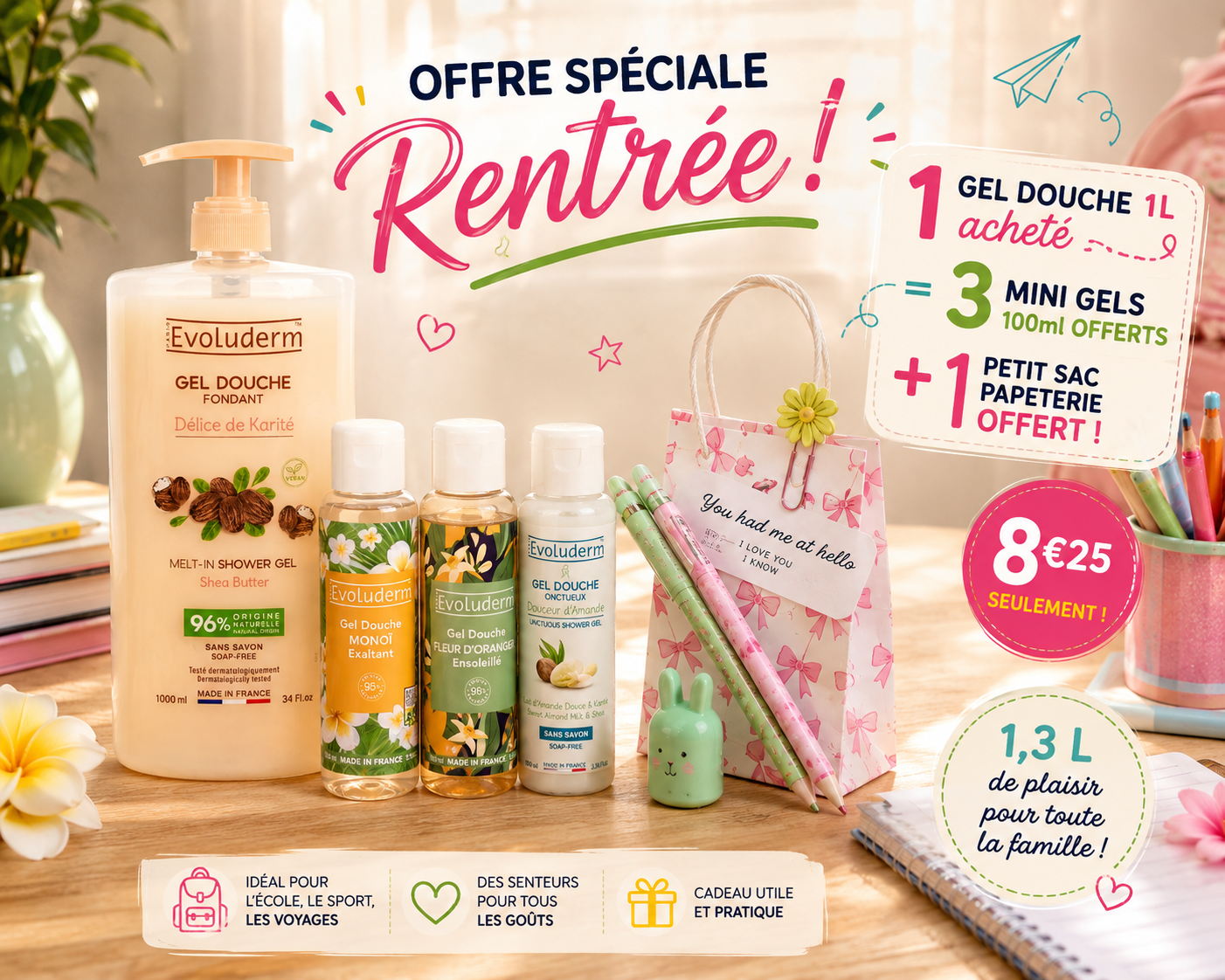Un gel douche karité 1L + 3 mini gel douche 100ml