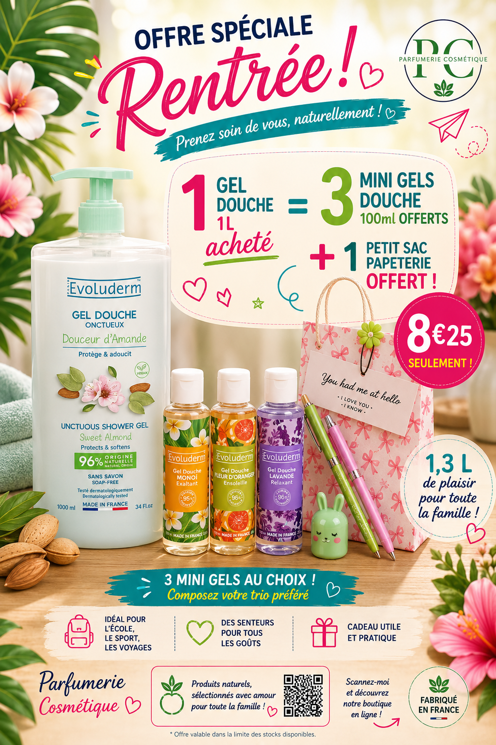 Un gel douche amande douce 1L + 3 mini gel douche 100ml