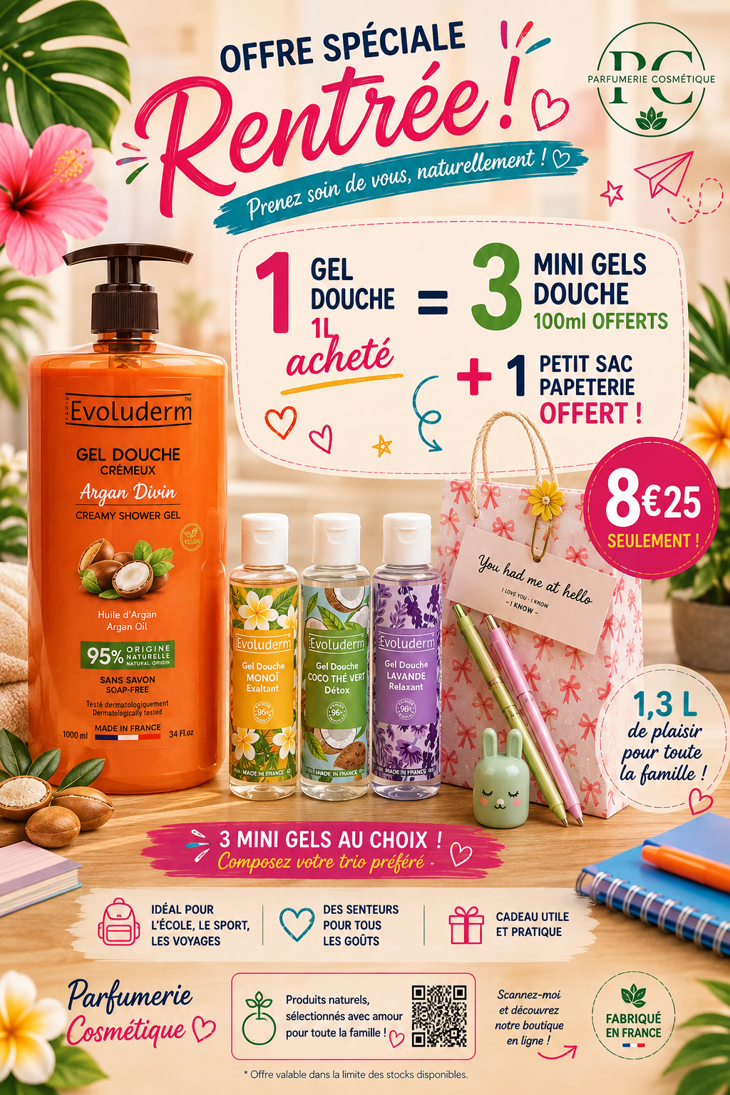 Un gel douche argan 1L + 3 mini gels douches 100ml