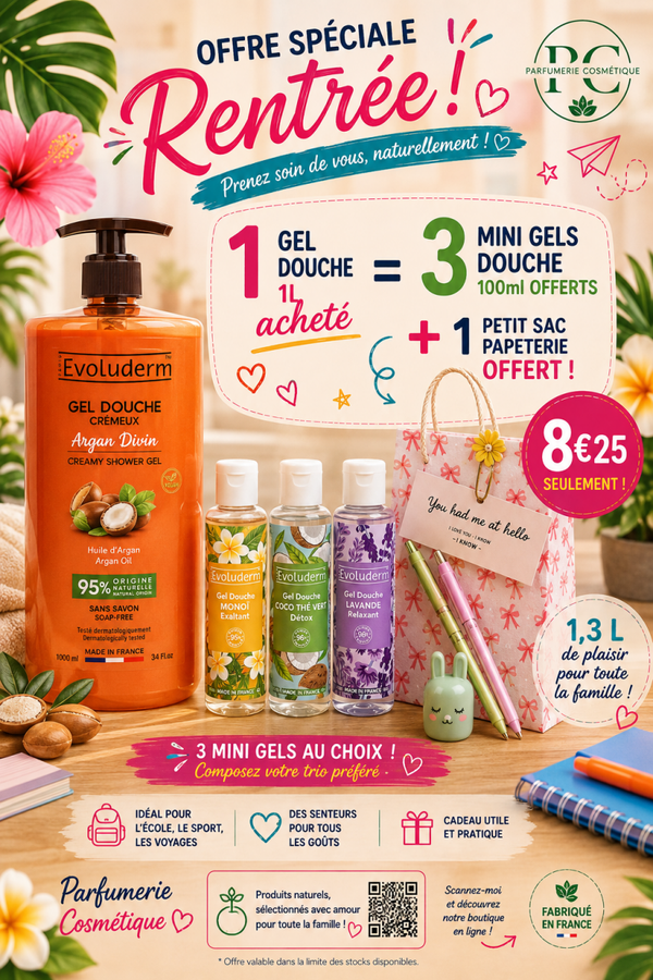 Un gel douche argan 1L + 3 mini gels douches 100ml