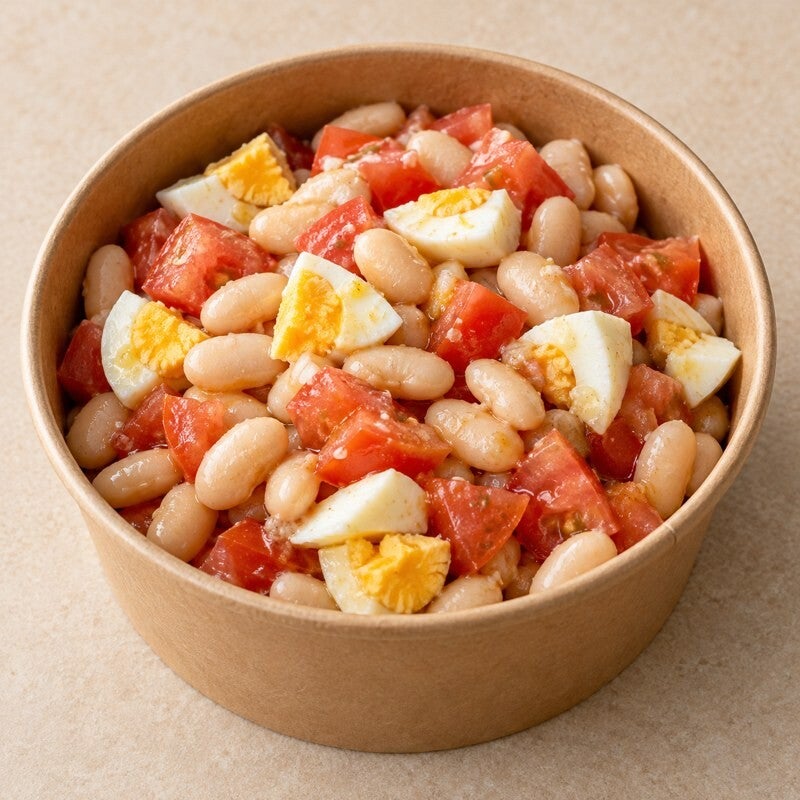 Ensalada de alubias con tomate y huevo, imagen referencial