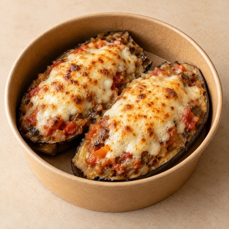 Berenjenas rellenas de su pulpa, tomate y cebolla, gratinadas con bechamel y mozzarella, imagen referencial