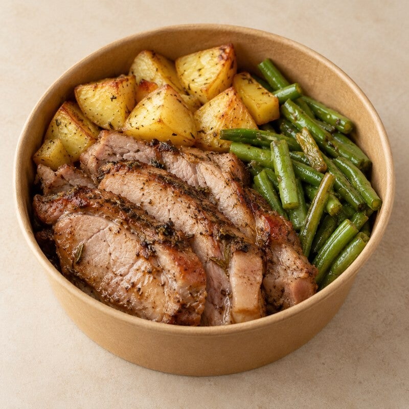 Aguja de cerdo al horno con papas y judías verdes, imagen referencial