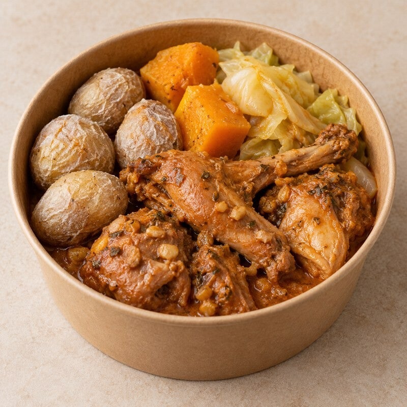 Conejo en salmorejo con papas arrugadas, col y calabaza, imagen referencial