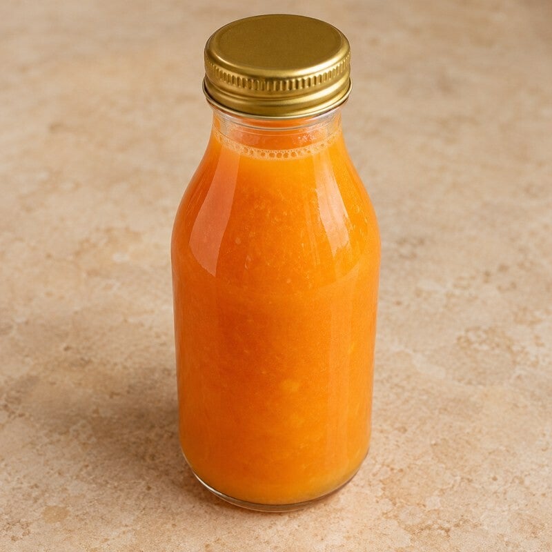 Jugo de papaya y naranja en botellín de vidrio de 250 ml con tapa dorada, imagen referencial