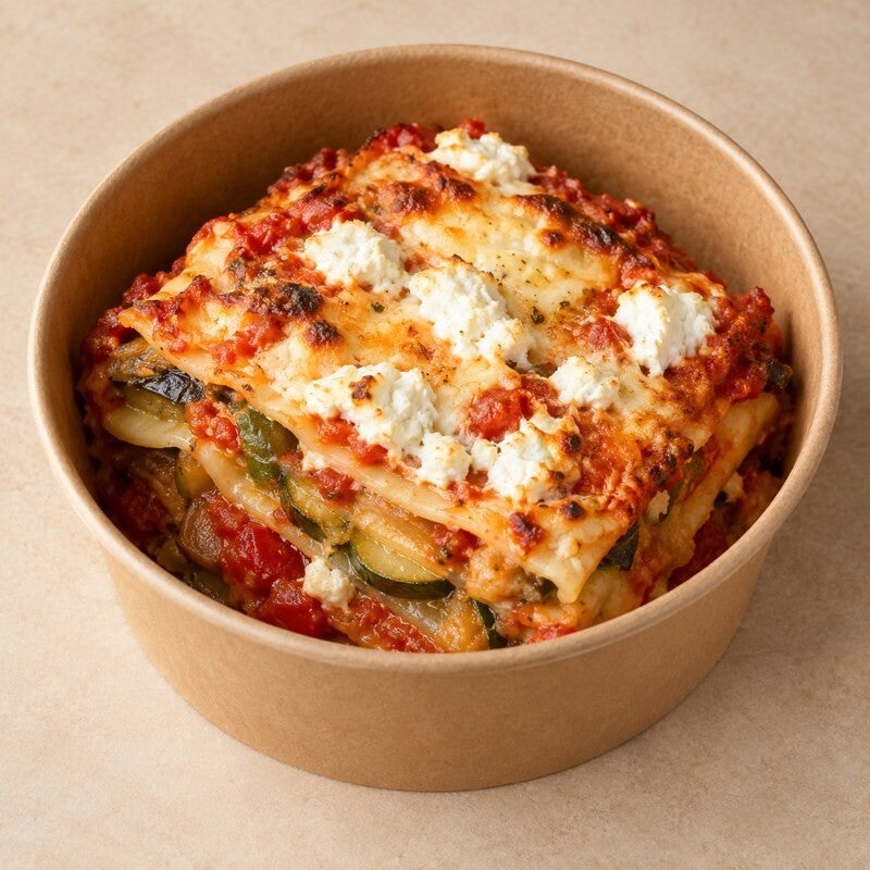 Lasaña de verduras con tomate y requesón de cabra, imagen referencial