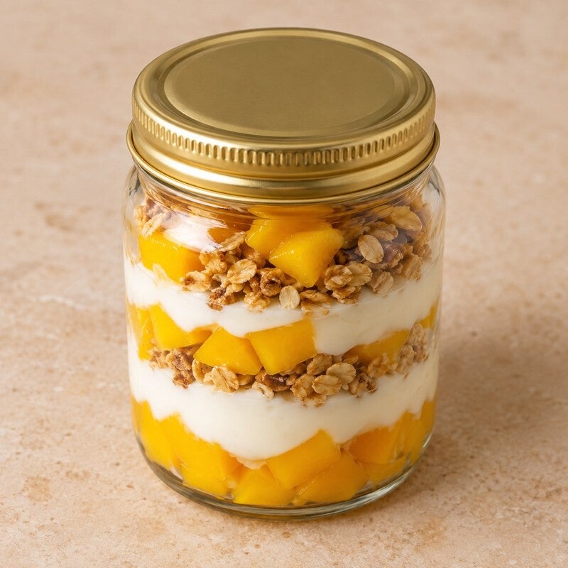 Merienda de mango en tarro de vidrio de 235 ml con tapa dorada, imagen referencial