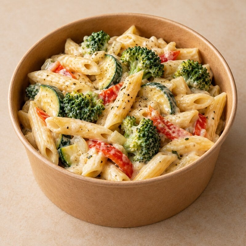 Pasta con queso crema y vegetal de temporada, imagen referencial