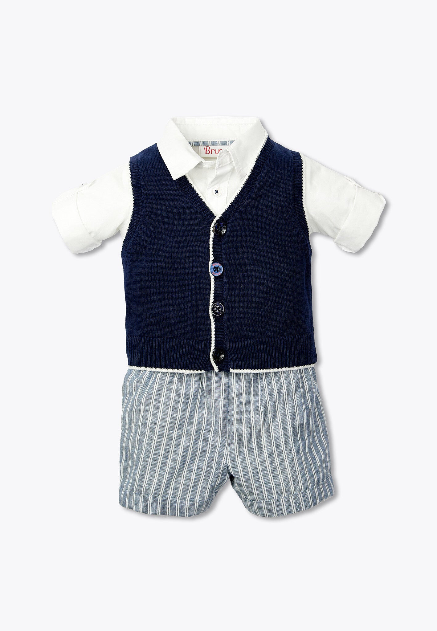 Comopleto 3 pezzi camicia, gilet in tricot e bermuda