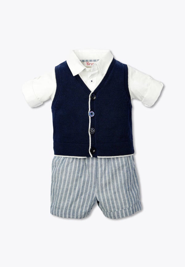 Comopleto 3 pezzi camicia, gilet in tricot e bermuda