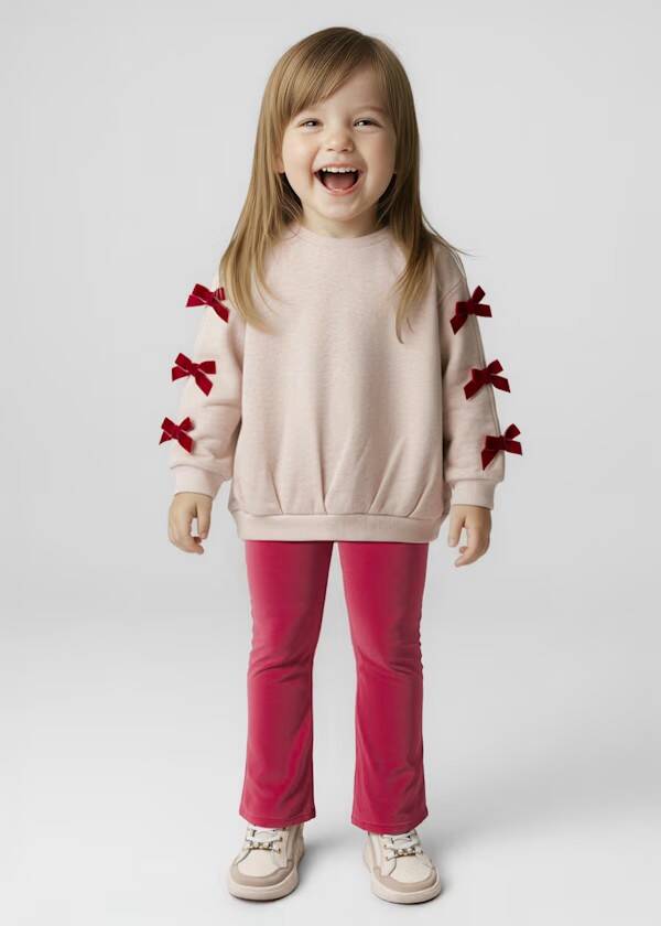 Completo maglia con fiocchi e leggings velluto rosso